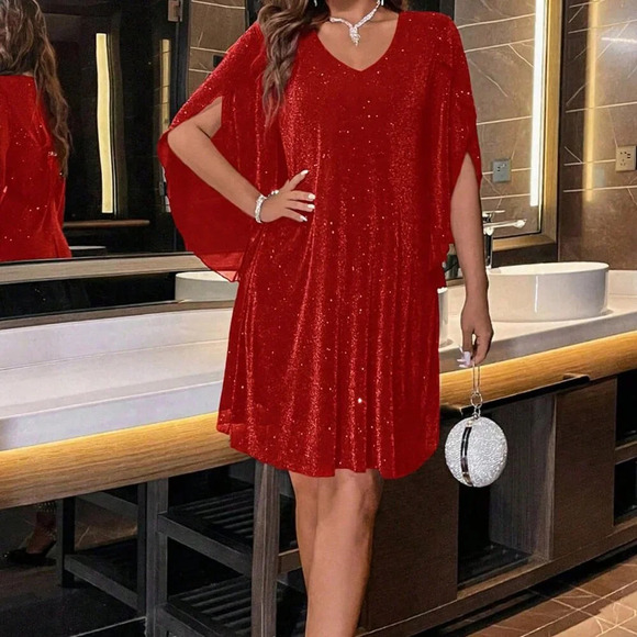 Red Party Women's V-Neck Split Sleeve Dress - Picture 1 of 8